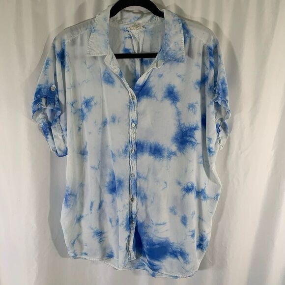 Jane Delancey Blouse Women's 1X White Blue Tie Dye Button Up Short Sleeve - Picture 1 of 9